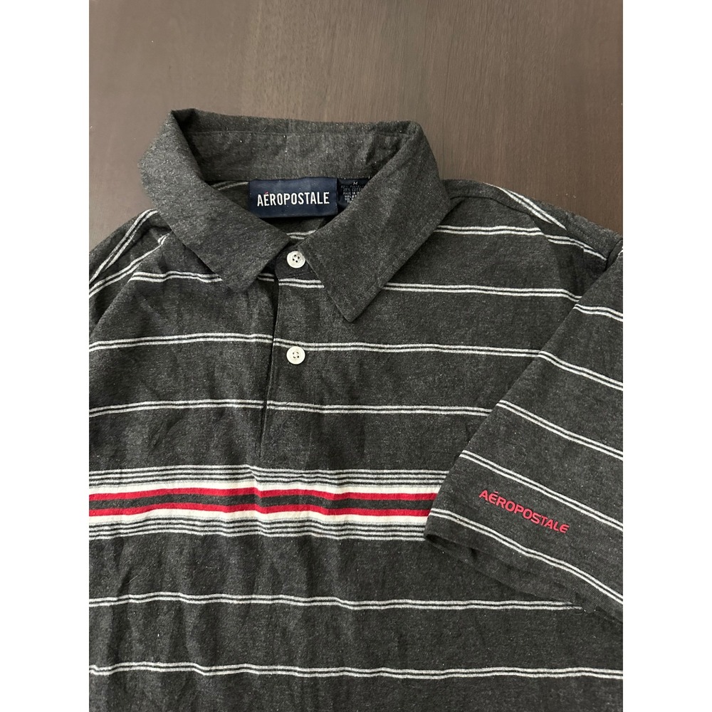 Aeropostale Mens Striped Polo Shirt Gray White Red Short Sleeve Cotton Blend M